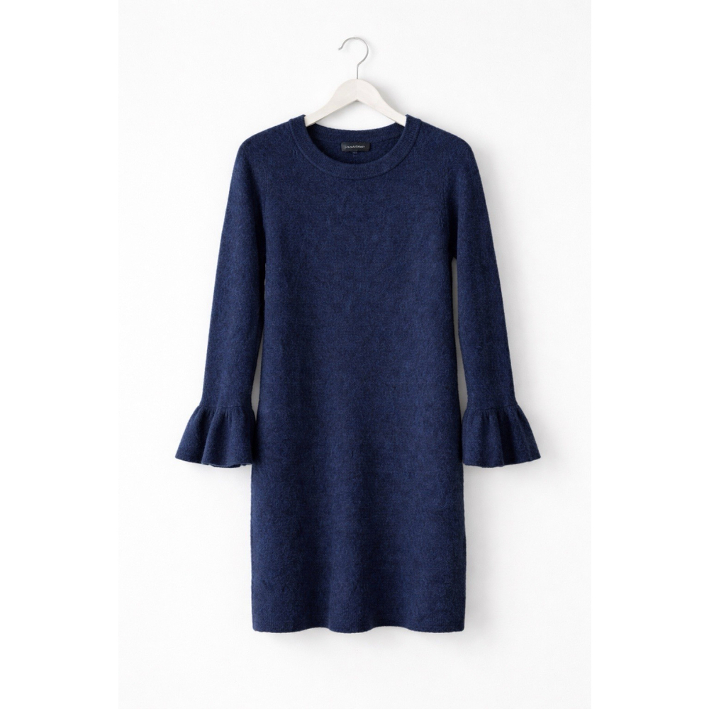 Banana Republic Wool Blend Sweater Dress Navy Blue Flare Sleeve Size M - Picture 2 of 10